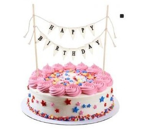 lot 63694 image: Happy Birthday Banner Set, 21x20.5cm8.3x8.1in Canvas Pennant Flags with Wooden Sticks, Beige, 1 Count - Retail $6