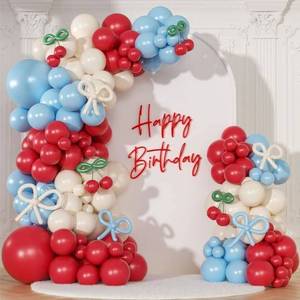 lot 63700 image: Cherry Red and Blue Balloon Garland Arch Kit,150pcs Bow Light Mist Blue Red White Balloons Arch Kit for Cherry Birthday Baby Shower Wedding Galentines Bridal Shower Party Decorations - Retail $16