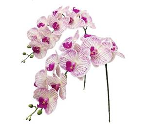 lot 63702 image: Faux Orchid Stems Artificial Flowers Phalaenopsis 38 Inch 2pcs Real Touch Latex 9 Large Petals Purple Pattern - Retail $20