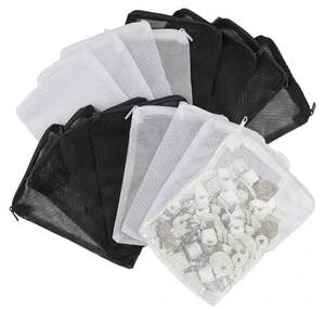 lot 63713 image: 16 Pcs Aquarium Filter Media Bags Extra Fine, 7.8 x 5.9 Inch Filter Media Bag with Zipper, White & Black Aquarium Mesh Bag for Fish Tank Activated Carbon, Ceramic Rings - Retail $8
