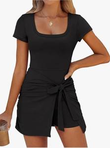 lot 63717 image: Women Summer Short Sleeve Square Neck Bodycon Tie Cinched Waist Romper Mini Dresses Night Out Vacation Dress, xs black - Retail $36
