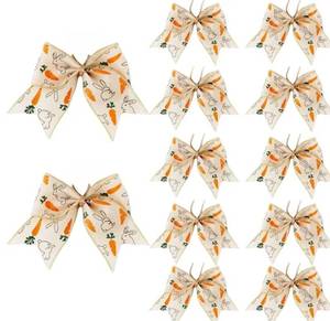 lot 63718 image: 11 Pcs 6 Inch Easter Bunny Carrot Bows, Premade Pastel Bows with Bunny & Carrot Pattern, Decorative Bows for Easter Baskets, Wreaths, Gift Wrapping, Tree Topper, Spring Party Decorations - Retail $10