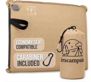 lot 63721 image: Inflatable Seat Cushion Stadium, Airplane & Travel Comfort - 2 Inch Thick Self-Inflating Foam, Perfect for Bleachers, Camping, Office, Car - Includes Travel Bag and Carabiner, gray - Retail $20