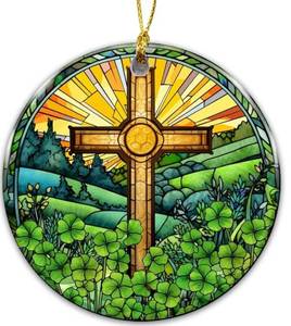 lot 63738 image: Irish Celtic Cross Ornament Stained Glass Shamrock Christian Ornament, St. Patricks Day Religious Tree Decoration, Faith-Inspired Irish Wall or Christmas Hanging Decor - Retail $8