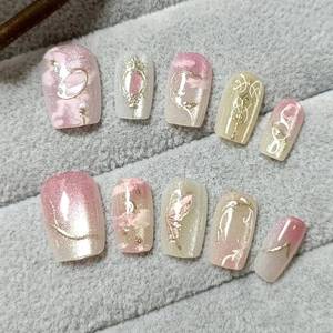 lot 63743 image: 30Pcs Pink Press on Nails Short Square Fake Nails with Embossed Designs Glue on Nails Spring Summer Acrylic Nails Full Cover Butterfly False Nails Star Moon Stick on Nails for Women Nail Decoration - Retail $7