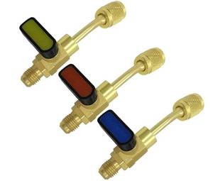 lot 63744 image: 3PCS Air Conditioning Refrigerant Angled Ball Valve 14 SAE for HVAC R410A R134A R12 R22 R502 Charging Hoses AC Refrigerant Tools - Retail $17