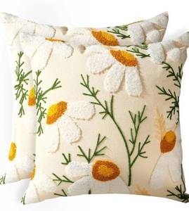lot 63757 image: Embroidered Throw Pillow Covers 18x18 Inch - Set of 2 Summer Decorative Pillow Covers with Zipper Aesthetic Cute Design Throw Pillowcases for Couch Sofa Bed, Daisy - Retail $27