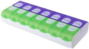 lot 63775 image: EZY DOSE Pill Organizer Weekly (7-Day), Medicine Planner, Vitamin Box, Daily Planner Case, 2 Times a Day, AM PM, Large Compartments, Easy Fill All Compartments at Once, Green and Purple, BPA Free - Retail $7