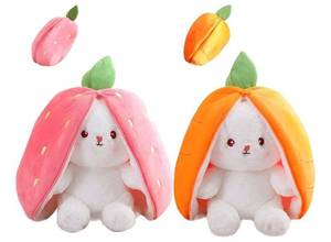 lot 63785 image: 2PCS Plush Toy Pillow, Reversible Carrot Strawberry Bunny Plush with Zipper, Easter Bunny Stuffed Animal Cute Rabbit Plushie Birthday Gift for Boys Girls Kids (2pcs 7 Strawberry&Carrot) - Retail $22
