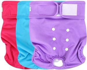lot 63786 image: Washable Reusable Premium Female Dog Diapers, Medium Large Small Dog Doggie Puppy & Doggy Diapers Female,Period Panties in Heat (Pack of 3, Large) - Retail $18
