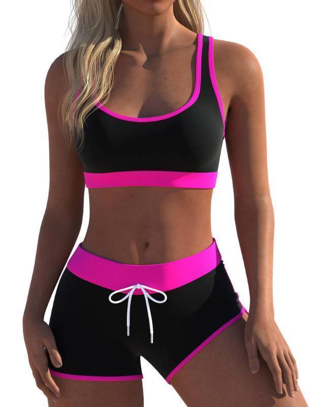 lot 72407 image: Womens Sporty Printed Two Piece Swimsuits Racerback Crop Tops Boyshort Bottom Swimwear Bathing Suit, L - Retail $32