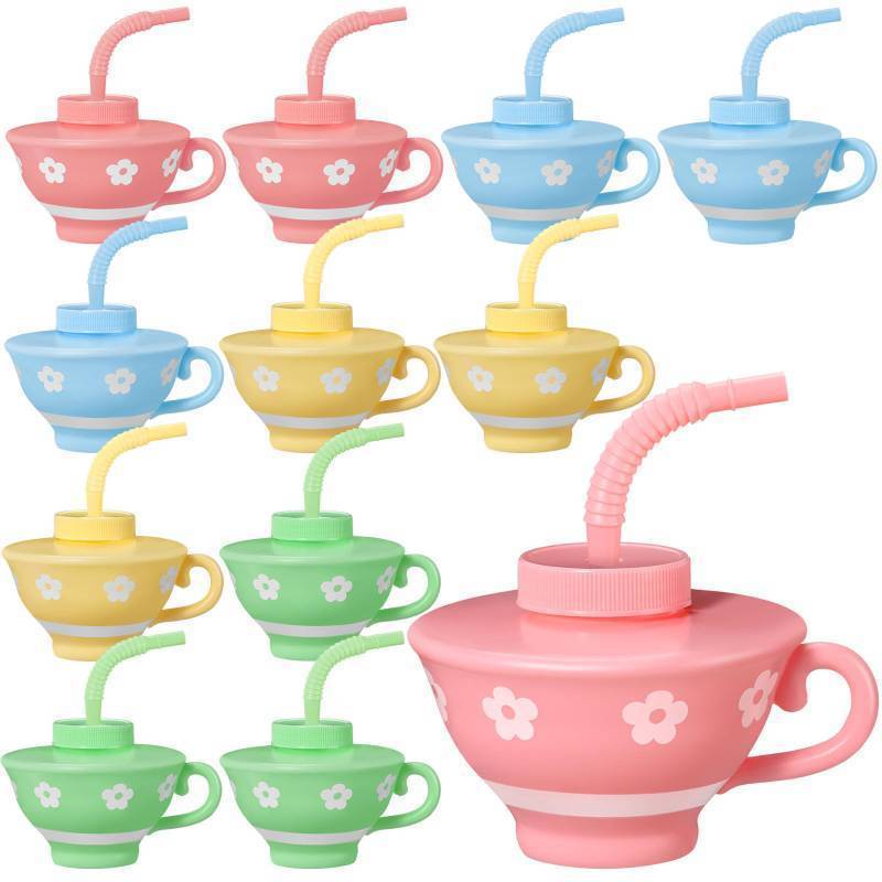 lot 46123 image: 12 Pieces Plastic Tea Cups with Lids and Straws for Kids Tea Party 9 oz Reusable Disposable Party Teacups Bulk for Spring Birthday Baby Shower Princess Decorations - Retail $31