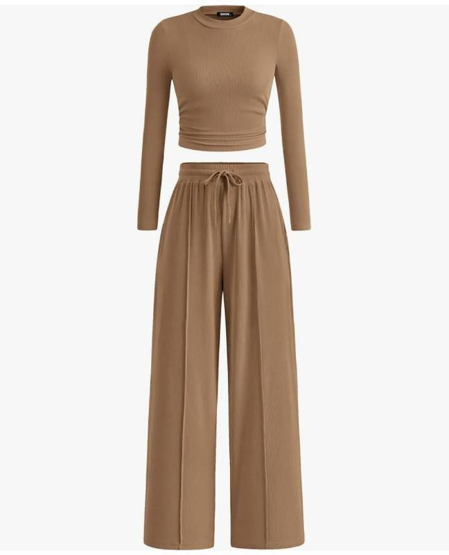 lot 72641 image: Casual 2 Piece Sets For Women Fall Outfits 2026 Ribbed Spring Long Sleeve Crop Top Wide Leg Pants Matching Lounge Set - Retail $15