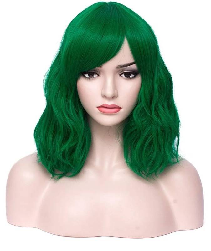 lot 72604 image: 14 Inches Dark Green Wig Women��s Curly with Bangs Green for Women Halloween Cosplay for Daily Use Synthetic Wig - Retail $15
