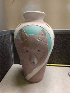 lot 297 image: Large Southwestern Style Wolf Ceramic Lamp Vase