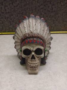 lot 326 image: Resin Skull Figurine with Native American Chief Headdress