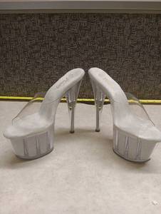 lot 349 image: Pleaser Clear Platform Stiletto Mule Heels with Silver Glitter - No Visable size - Lengths Measured