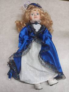 lot 355 image: Porcelain Collector Doll in Blue Satin Dress with Parasol
