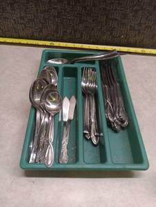 lot 373 image: Mixed Silverplate and Stainless Steel Flatware Set with Organizer Tray