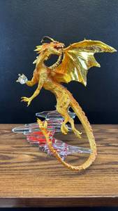 lot 60476 image: Franklin mint glass Gold and Orange Dragon Figurine with Crystal Base