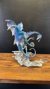 lot 60477 image: Franklin mint glass Blue Iridescent Dragon Figurine with Crystal Ball and Ice Base