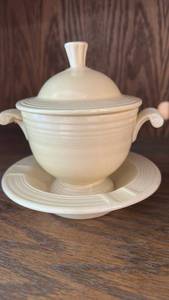 lot 6505 image: Vintage Fiesta Sugar Bowl in Original Ivory Glaze  Circa 1936-1969  with Vintage Fiesta Ashtray in Ivory, Early Version with Rings  Circa 1933-1942