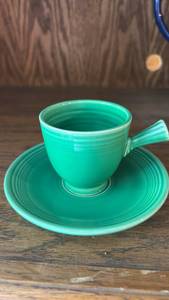 lot 6507 image: Vintage Fiesta After Dinner (AD) Cup & Saucer Set in Original Green Glaze For Sale  Circa 1936-1951