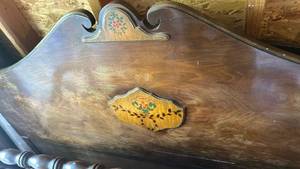 Antique Wooden Bed Frame with Floral Folk Art Medallions