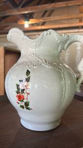 lot 6483 image: White Ceramic Pitcher with Floral Decal