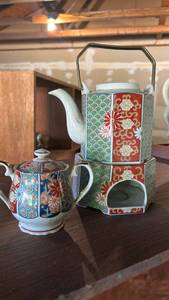 lot 6484 image: Arita Imari Fan Fine Porcelain Teapot Set with Warmer Stand