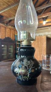 lot 6488 image: Black Glass Floral Painted Oil Lamp with Glass Chimney