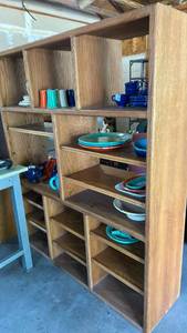 lot 6548 image: Large Oak Wood Multi-Shelf Bookcase Display Unit contents NOT included