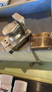 lot 6558 image: Brass and Nickel Table Lighter Set with Chain