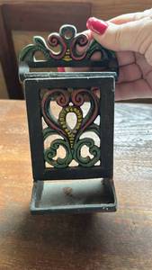 lot 60611 image: Cast Iron Wall Mount Match Holder with Painted Scrollwork