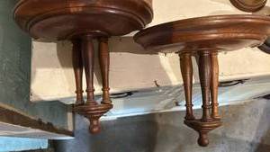 lot 60612 image: Wooden Wall Bracket Shelves with Turned Spindle Supports - Set of 2