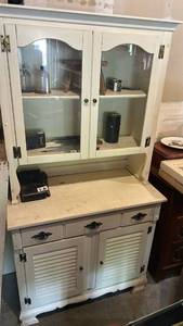 lot 60621 image: White Painted Wood Hutch Cabinet with Glass Doors and Shutter Panels contents NOT included