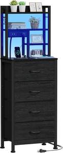 lot 7721 image: $60 Furnulem Tall Nightstand with LED, USB Charging, 4 Fabric Drawers