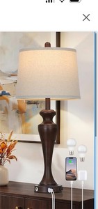 lot 7776 image: 30-Inch Brown Table Lamp, 3-Way Dimmable Touch Bedside with USB AC