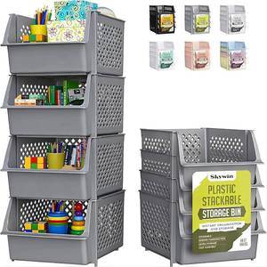 lot 7833 image: Skywin Stackable Storage Bins Open Front, 4 Pack, Grey