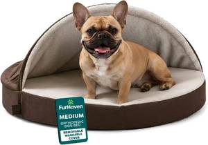 lot 7923 image: FurHaven Round Orthopedic Dog Bed, Egg Crate Foam, Hood, Espresso