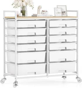 lot 7943 image: $115 Rolling Storage Cart with 12 Drawers, Wooden Top, Wheels, White
