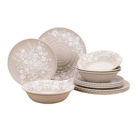 lot 37389 image: The Pioneer Woman Daisy 12-Piece Bamboo Melamine Dinnerware Set, Beige