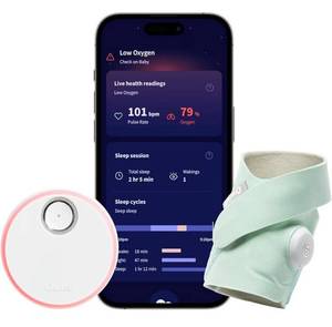 lot 37994 image: Owlet Dream Sock Smart Wearable Baby Monitor Tracks Heart Rate & Oxygen in Real Time Parents Receive Alerts, Sleep Insights & More via App - Mint - Retail $190