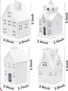 lot 39091 image: White Ceramic House Ornaments LED Tealight Village Set 4 Pieces