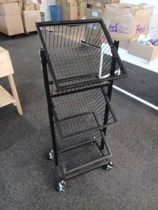 lot 40868 image: Black Metal 3-Tier Rolling Display Cart with Wire Baskets