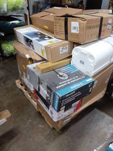 lot 40858 image: Mixed Lot Pallet Pelonis 16-Inch DC Pedestal Fan, Room Essentials Shelf, Assorted Boxed Items, and More
