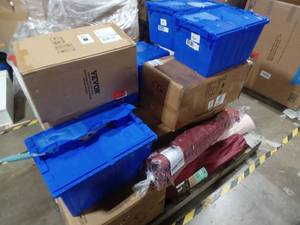 lot 40883 image: Mixed Lot Pallet with VEVOR Box, AT&T Corded Answering System, Golaiman Box, Rolled Items & Misc, and More