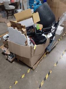lot 40885 image: Mixed Lot Pallet - Large Planter, Wire Rack, Industrial Tape, Umbrella, Broom, Assorted Items, and More