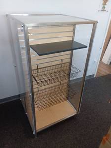 lot 40889 image: Retail Display Shelving Unit with Wire Baskets and Black Shelf Double Sided 30.75in x 30in x 60in - Retail $400