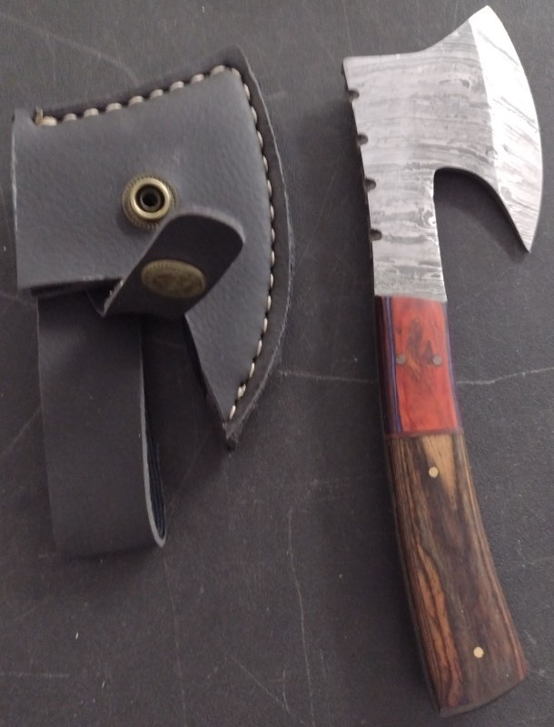 lot 40 image: Handcrafted Damascus Steel Full Tang Cheese Axe Hatchet with Sheath approx 7 inches Hunting Fishing